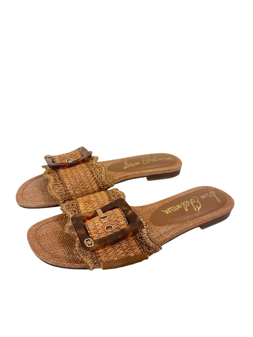 Sam Edelman Bambi Cuoio Brown Raffia Woven Slide Sandals with Buckle - Picture 2 of 5
